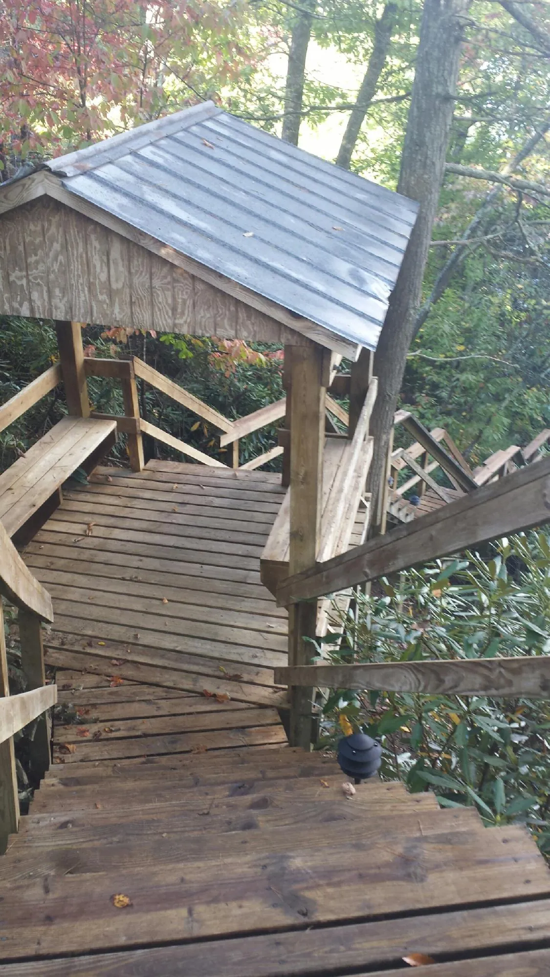 Metal roofed shelter over wooden steps on a wooded walkway — Skylight Repair & Installation work by our crew in Lake Arrowhead